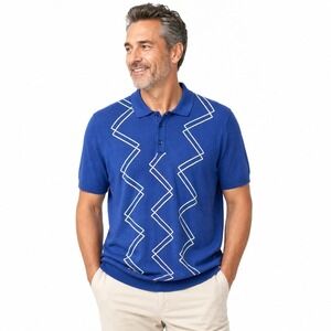 Eight X Mens 2XL Knitted Polo Shirt Blue Zig Zag Old Money Retro Golf Resort
